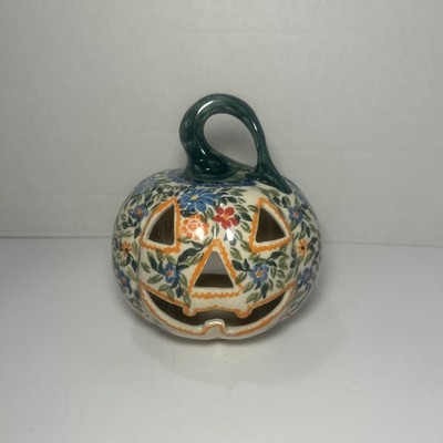 Polish Pottery Boleslawiec Kalich Pumpkin Jack-O-Lantern Tealight 5'' Green Stem!