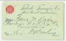 1888 Toledo Transfer Co. Rail Road Omnibus Line pass (Addison & Pennsylvania RR)