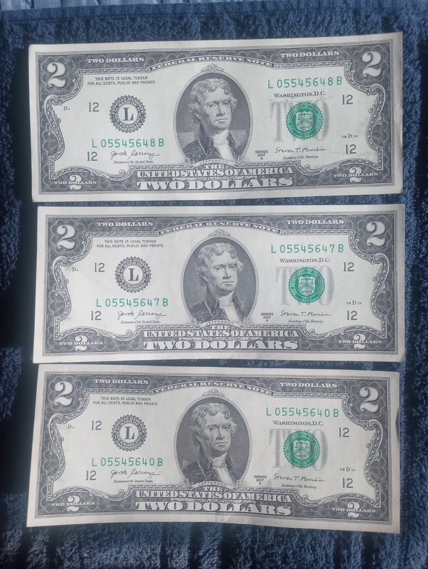 $2 dollar bill lot of 3 with same printing errors UNC 2017A.  Read desc.