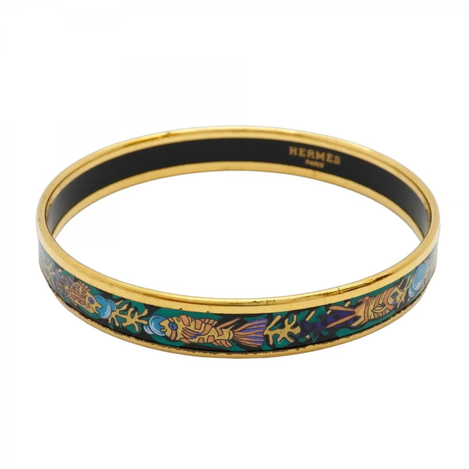 Hermes Enamel Bangle PM GP Plated Sea Fish Gold Black 19cm Round Used-image