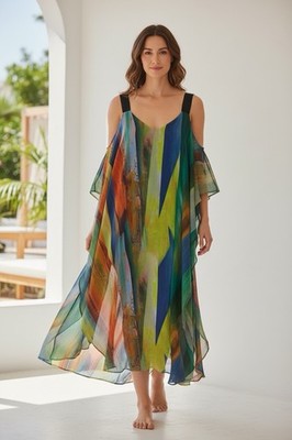 RADZOLI Multicolor Abstract Boho Arty Tank Maxi Dress Medium Built-In Blk Tank