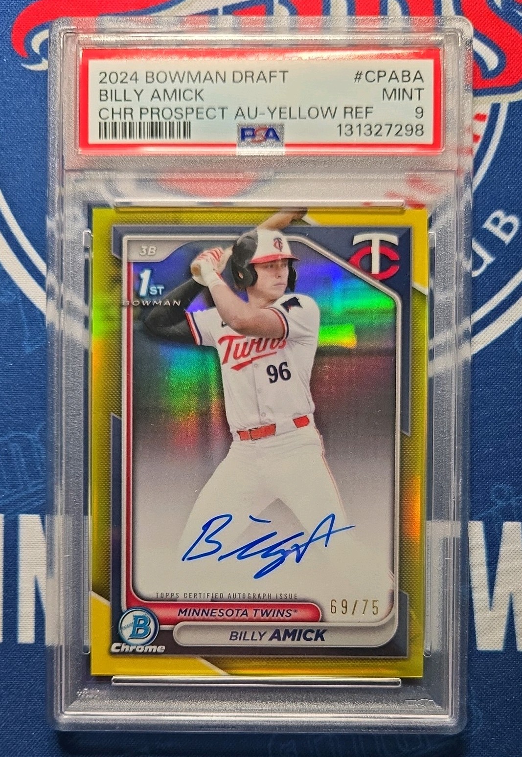 2024 Bowman Draft Chrome Auto #CPABA Billy Amick Yellow Ref /75 PSA 9