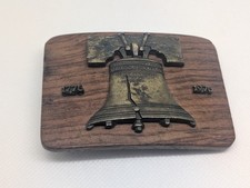 Vintage Unbranded 1776-1976 Wood Belt Buckle with Metal Liberty Bell Dates