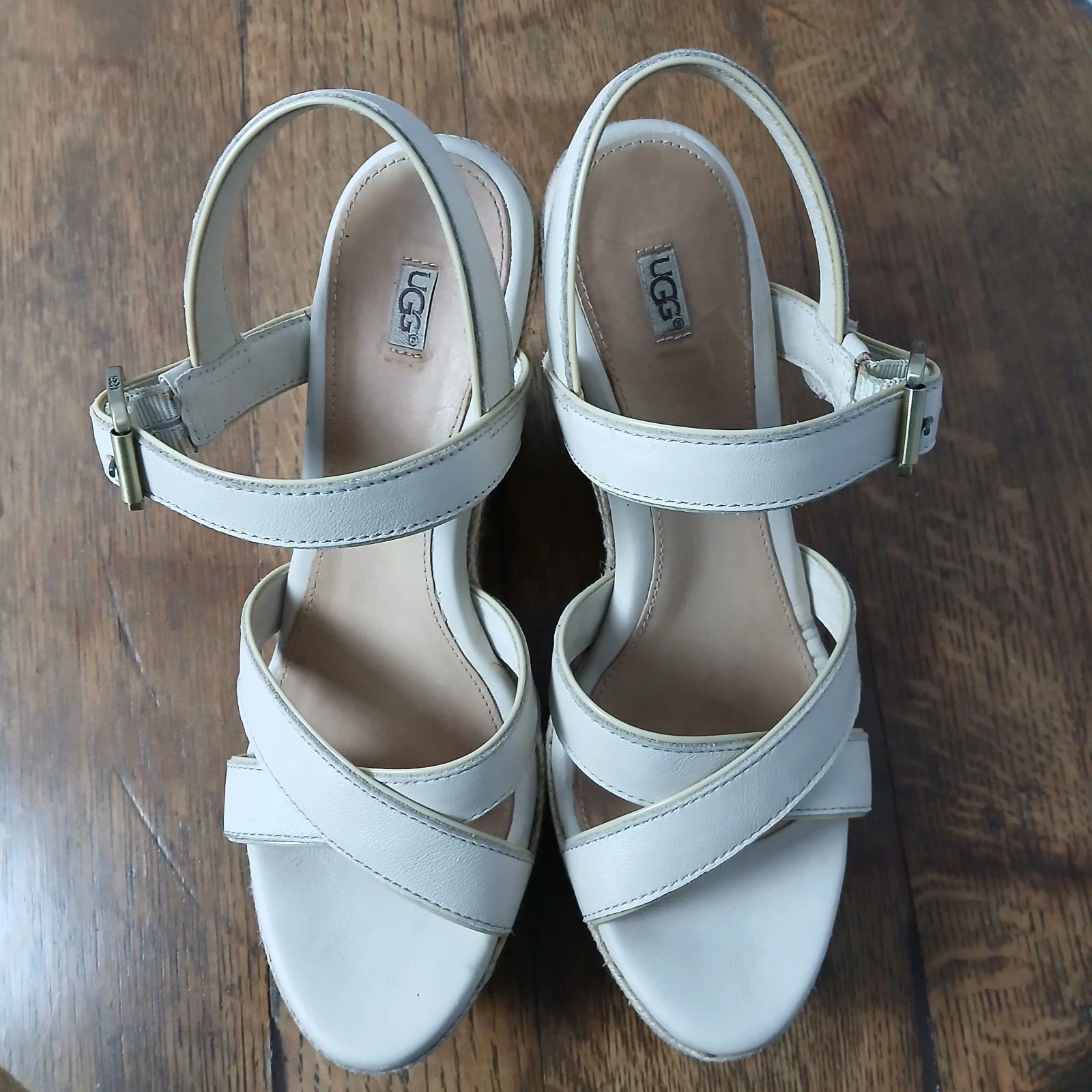 Sandali con zeppa UGG Jackilyn panna tela bianca cinturino pelle misura 8 5 donna