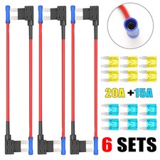 6 Pack Mini Fuse Tap Holder Adapter Kits 12V With 20A 15A ATM APM Blade Car Fuse