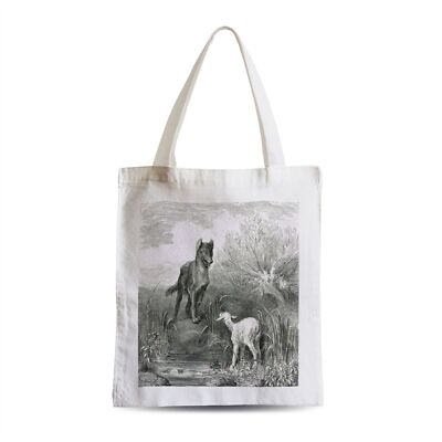 Stofftasche Der Wolf und das Lamm Gravur Gustave Doré Jean de la Fontaine Fable