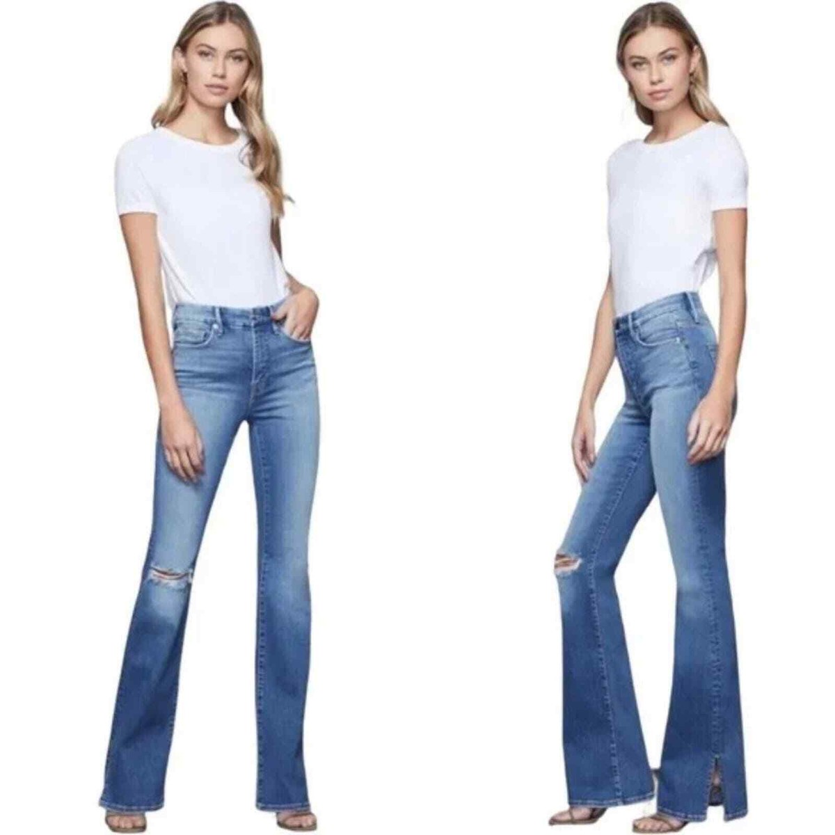 Good AMERICAN GOOD FLARE RIPPED SPLIT HEM FLARE JEANS IN BLUE458 SIZE 6/28  | eBay