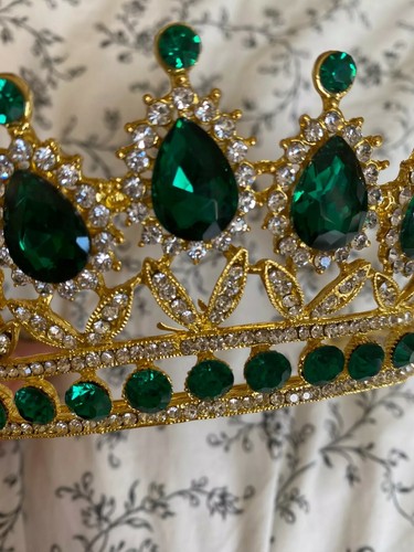 Emerald Crown Tiara Gold Green Gems Diamond Queen Princess Quinceanera Birthday - Picture 3 of 6