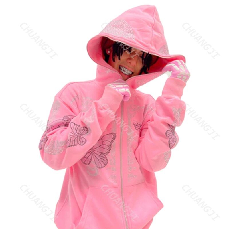 Rhinestone Butterfly Fashion Gothic Women Pink Hoodie