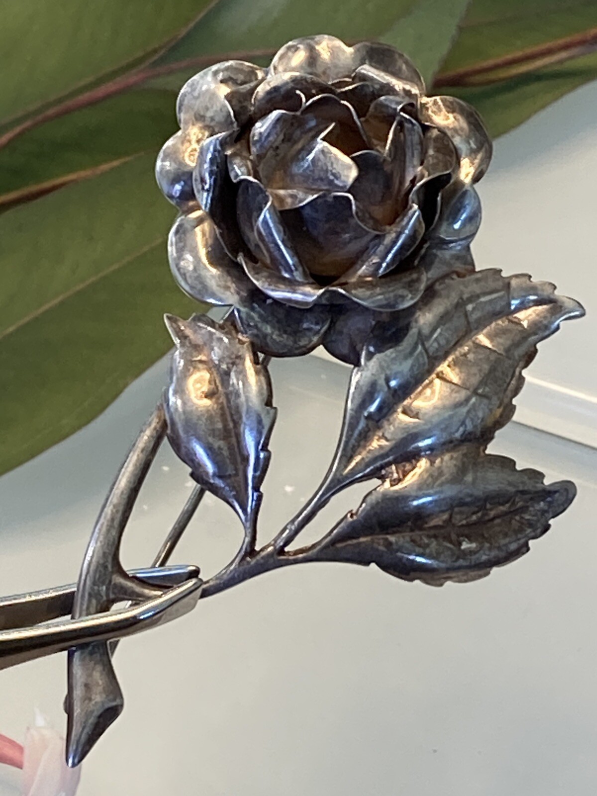 VTG Sterling 925 Solid Silver Rose Flower Pin 2.7… - image 1
