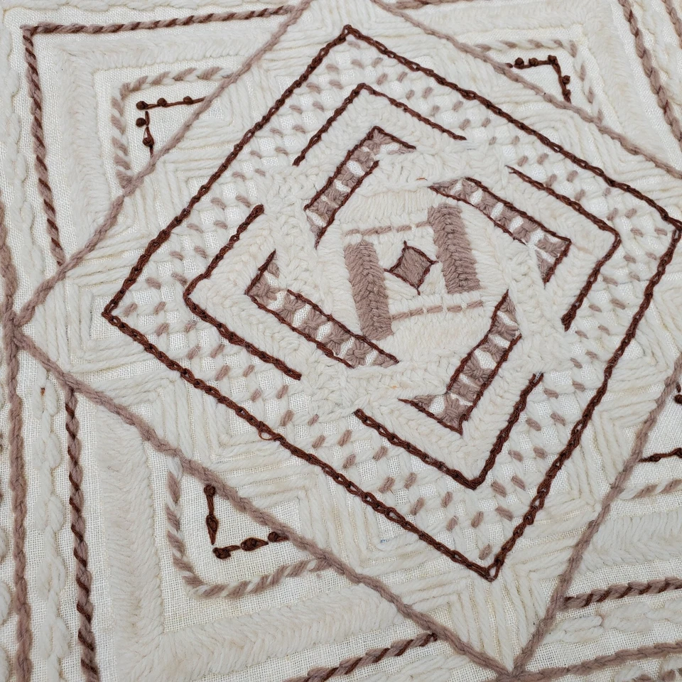 Vintage Crewel Embroidered Geo Throw Pillow Cover Brown Piping Handmade 16 In - Image 3 of 4