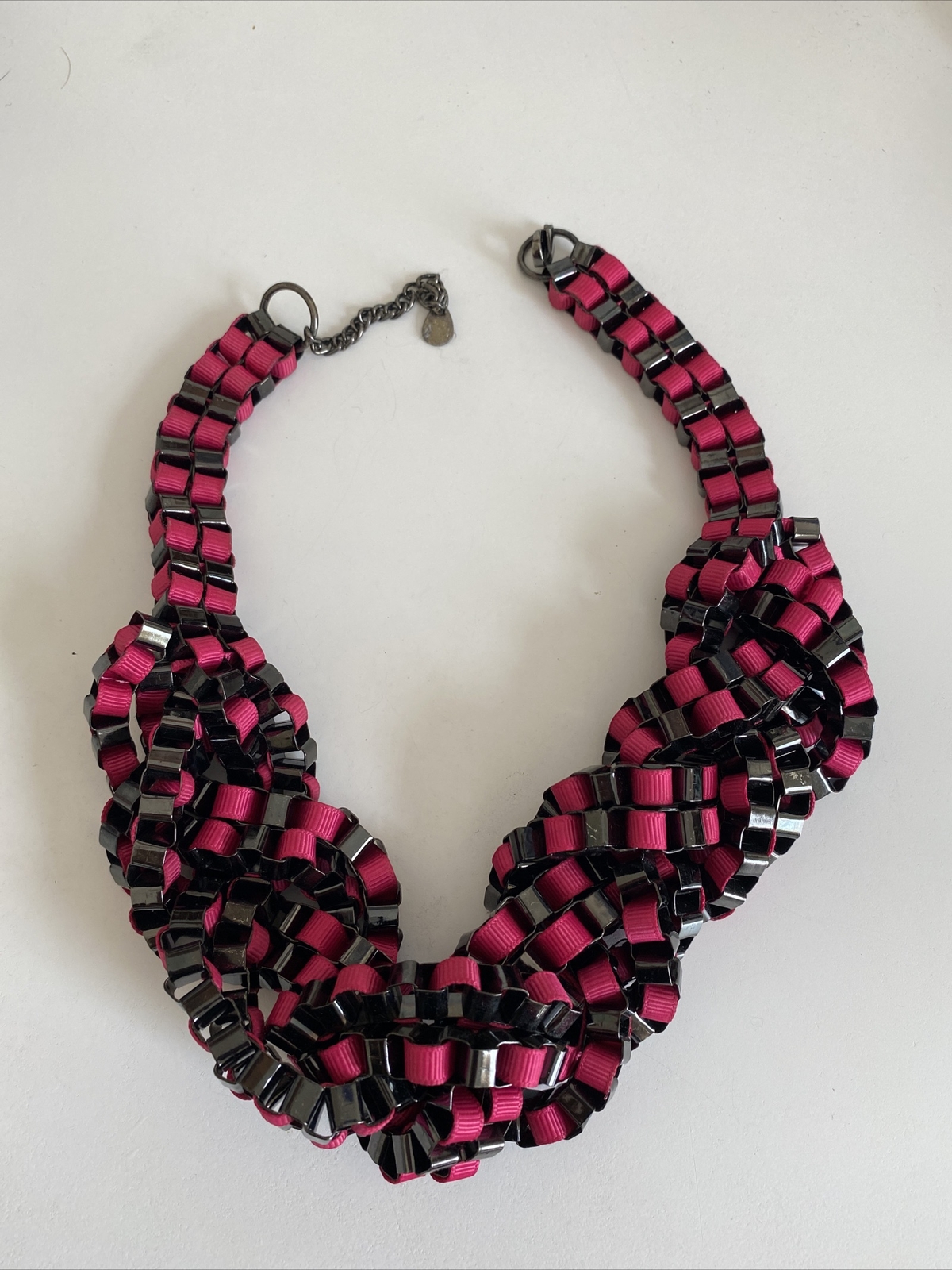Chunky Braided Silver Pink Statement Necklace - image 1