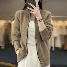 100% Pure Wool Cashmere Womens Stand Collar Sweater Cardigan with Zipper Sweater
