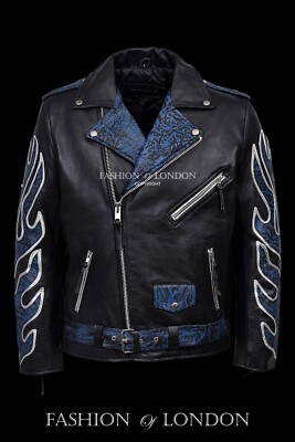 Klassische BRANDO Black Blue Flame Herren Biker Fell Echt Leder Jacke MBF