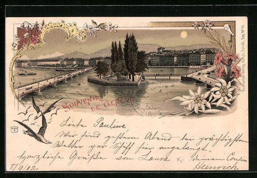 Lithographie Genève, Ortsansicht mit Genfersee 1902 - Bild 1 von 2