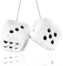 Fuzzy Plush Dice for Car Mirror, Pair of Retro 3  White Dice with Black Dots for