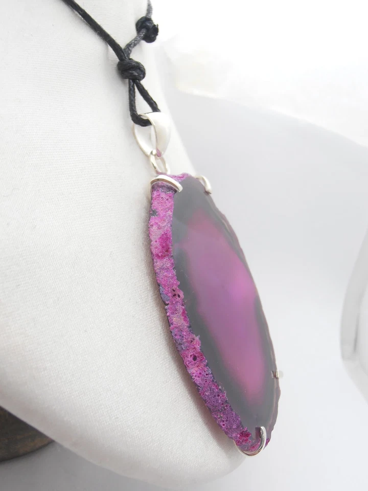 Ciondolo in Argento 925 con Agata fucsia e girocollo - pietra dura Rosa fuxia - Immagine 3 di 4
