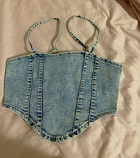 Women s Blue Denim Corset Top, Spaghetti Straps, Zip Back, Size S