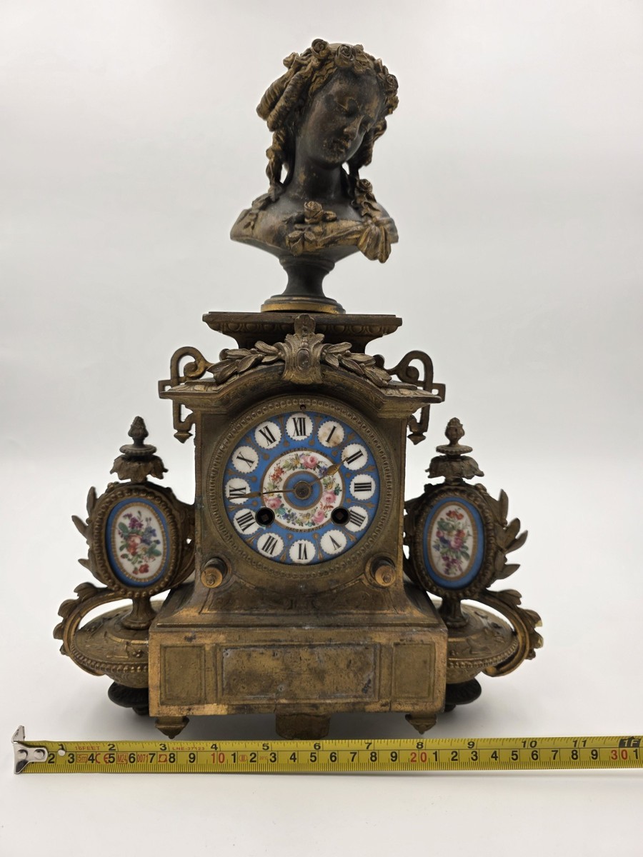 19th Century Brass & Porcelain Mantel Clock w Eight Day Movement