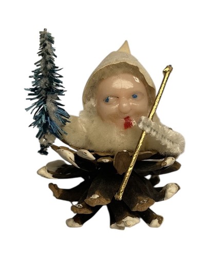 Vintage MCM Christmas Pinecone Elf Gnome Pixie Set Of 3 Bottlebrush Putz Japan - Picture 4 of 8