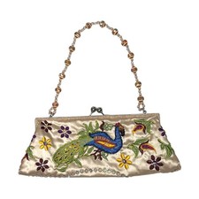 Peacock Y2K Glam Beaded Sequin Clutch Womens Champagne Evening Bag Kiss Lock