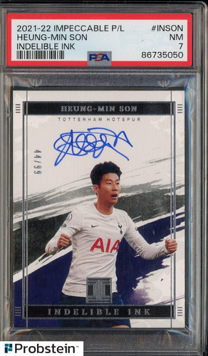 2021-22 Panini Impeccable PL Soccer Indelible Ink Heung-Min Son AUTO 44/99 PSA 7