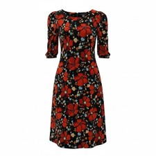 Tommy Hilfiger Floral Shift Dress Knee Length Gathered Sleeve Black Red Size 12