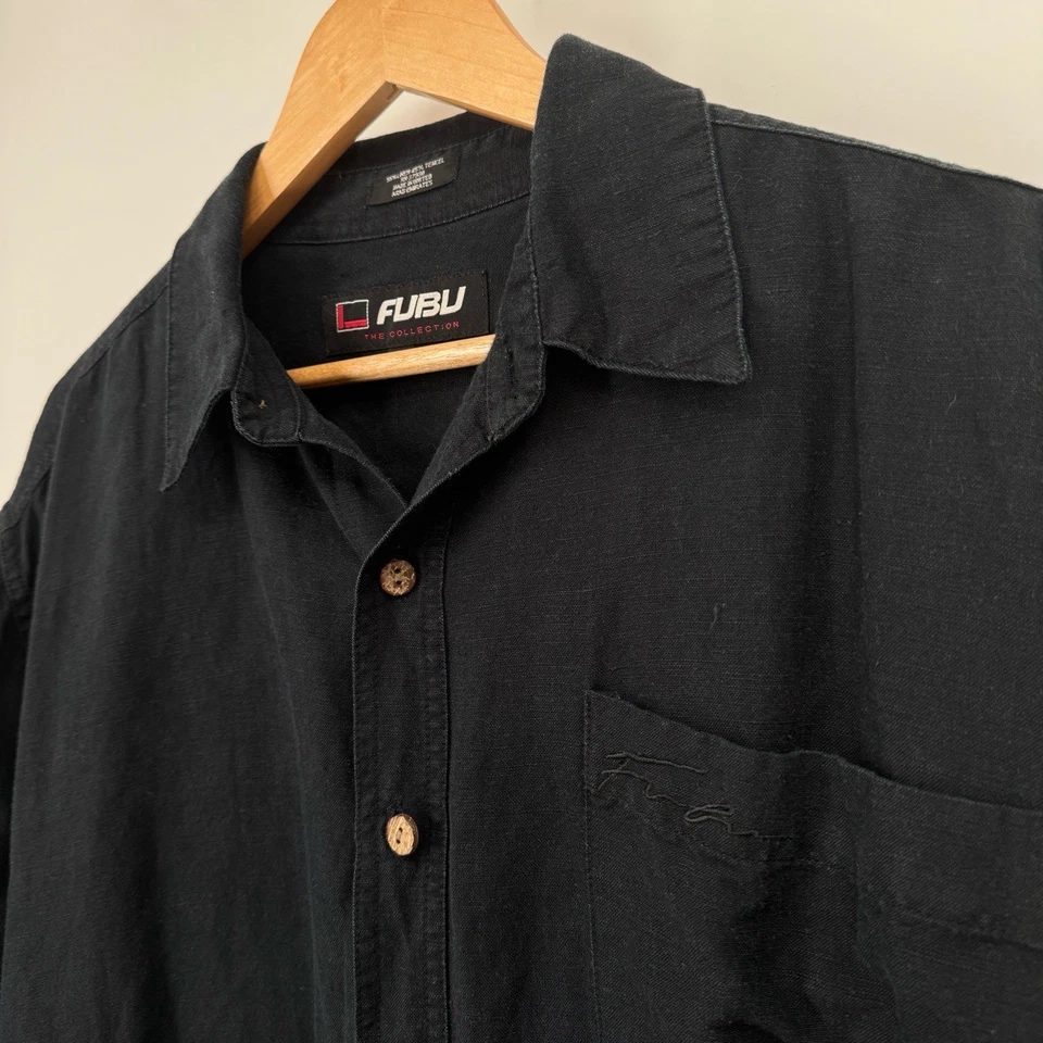Camisa De Colección Años 90 FUBU Negra Manga Corta Botón Para Hombres XL Lino Hip Hop Suelta Y2K Foto 2 de 4