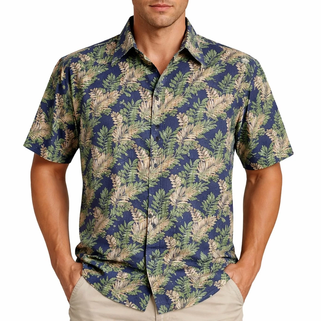 Tori Richard Hawaiian Aloha Shirt Large Tan Floral Leaf Vines Green Blue