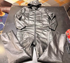 Men's Black Leather Jumpsuit With Hood In Genuine Lambskin Leather Full Suit