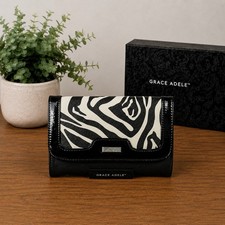 Grace Adele Zebra Print Crossbody Clutch Bag Black Patent Trim Red Lining
