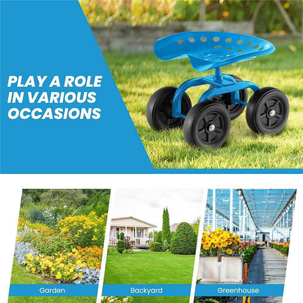 0 Cu. Ft. Metal Rolling Garden Cart Heavy Duty Workseat with 360° Swivel Seat an