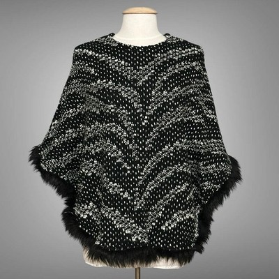 VTG Womens Sweater Poncho M Black Gray Zebra Pullover Faux Fur Mob Wife 90s Y2K