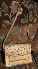 Vtg Hand Tooled Leather Handbag Brown Purse Boho Rockabilly Western