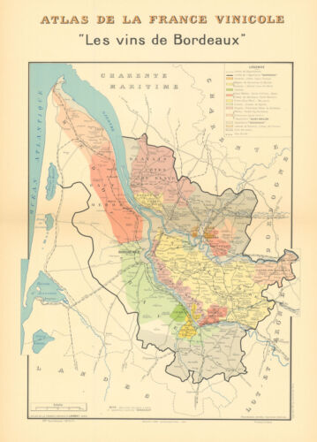 BORDEAUX WINE MAP. Les Vins de Bordeaux. Carte G�n�rale. LARMAT 1941 old - Afbeelding 1 van 1