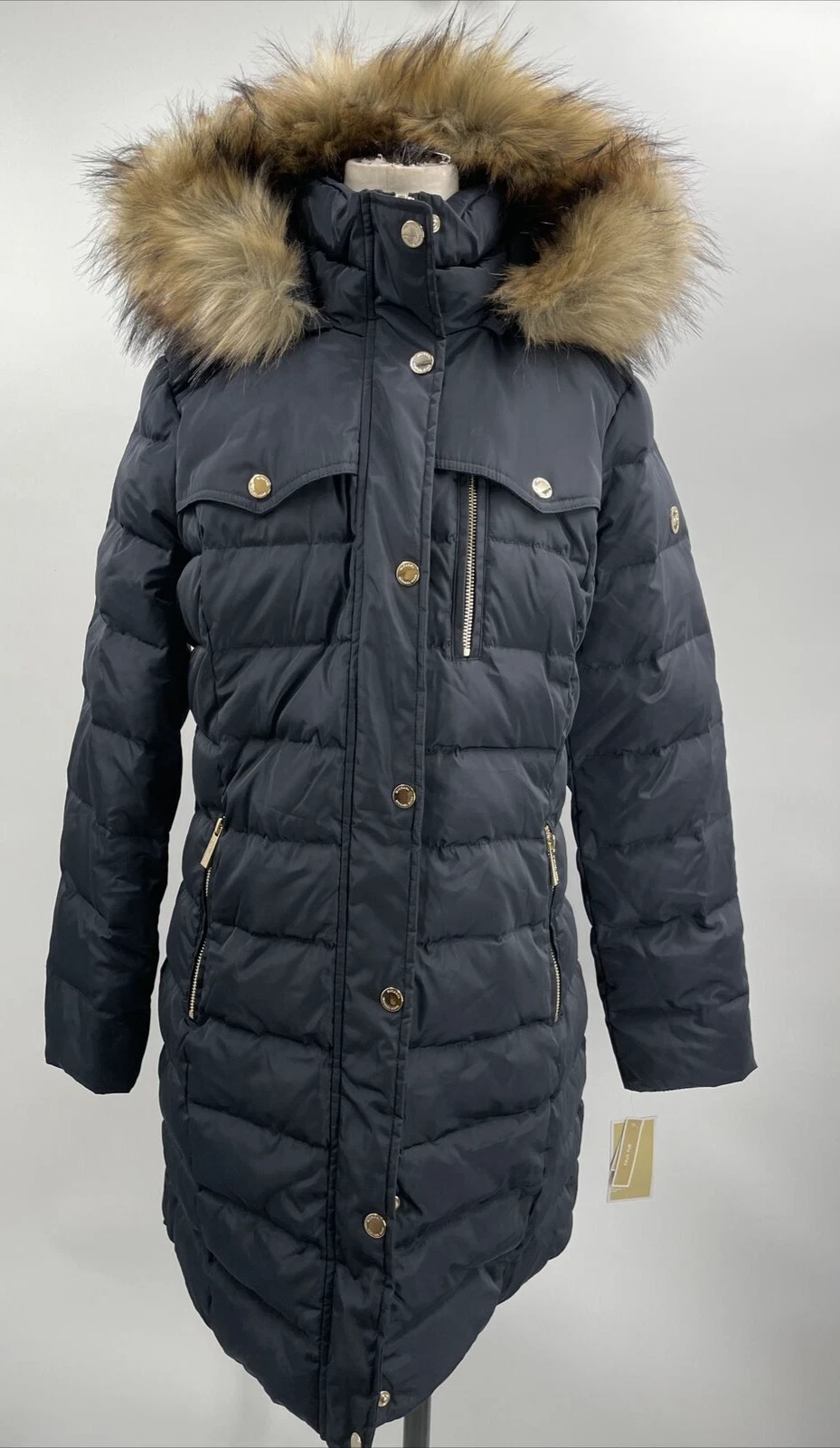Cappotto piumino donna Michael Kors cappuccio pelliccia rimovibile blu navy taglia M