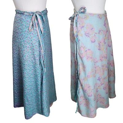 Boho 100% Silk Wrap Maxi Skirt Bohemian Double Layer Floral O/S Blue Pink
