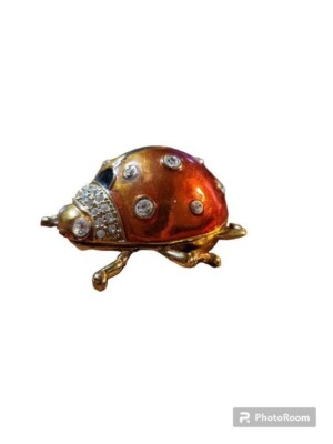 2001 Roman Inc. Lady Bug Hinged Trinket Box Enamel Rhinestone Gold Metal
