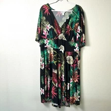 Christopher & Banks Midi Dress Size XL Black Multi Tropical Floral Print V Neck