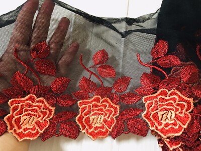 2 Yards Red Floral Embroidered Mesh Lace Trim for Sewing/Crafts/Bridal/8'' Wide