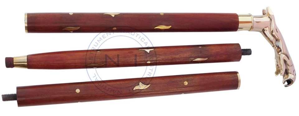 Bastón de madera marrón mango de cabeza de jaguar de latón de diseñador hecho a mano regalo Foto 2 de 4