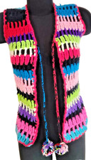 Vtg 70s Handmade Crochet Vest Vibrant Multicolor Boho Festival Pom Pom Ties