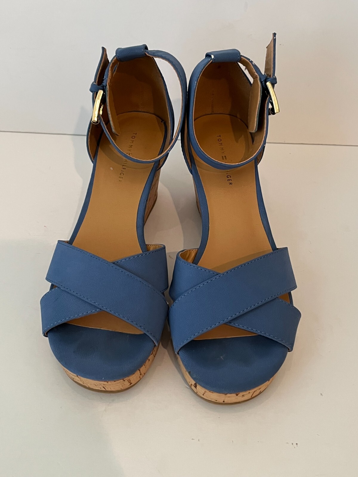 TOMMY HILFIGER Platform Cork Wedge Faux Blue Suede Heels Sandals ~ Women's 7.5M thumbnail 2