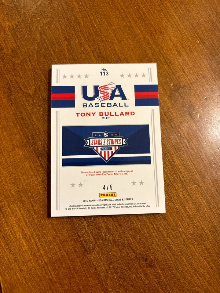 Tony Bullard 2017 USA Baseball Silhouette Gold Ink Auto Game Patch Arizona /5 - Image 2 of 2