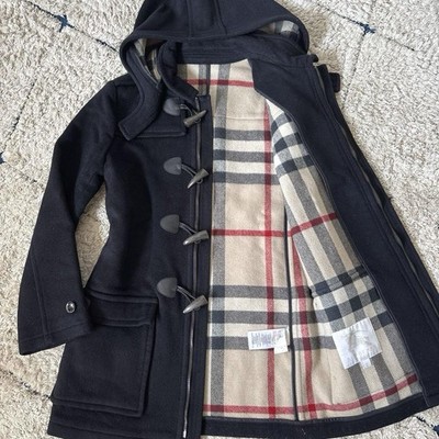 2-way Burberry duffle coat in navy with mega check
