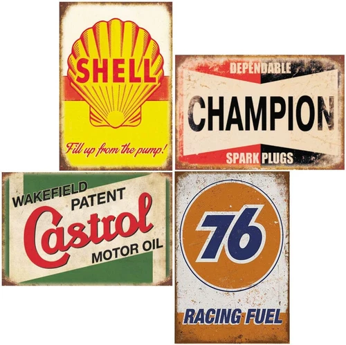4 Pieces Reproduction Vintage Tin Signs, Gas Oil Car Metal Signs for Garage Man