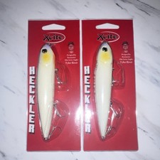 Xcite Baits Heckler Topwater Lures 2 Pack White Yellow Bass 3D Eyes Mustad Hooks