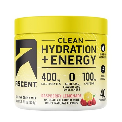Ascent Clean Hydration + Energy Electrolytes Powder - 100mg Caffeine, 400mg