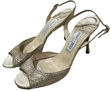 JIMMY CHOO Gold Sparkles Slingback Open Toe Heels sandals 7.5 38 247 Laser