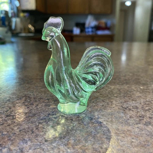 Fenton Miniature Rooster Chicken Green Figurine 2.75" Art Glass
